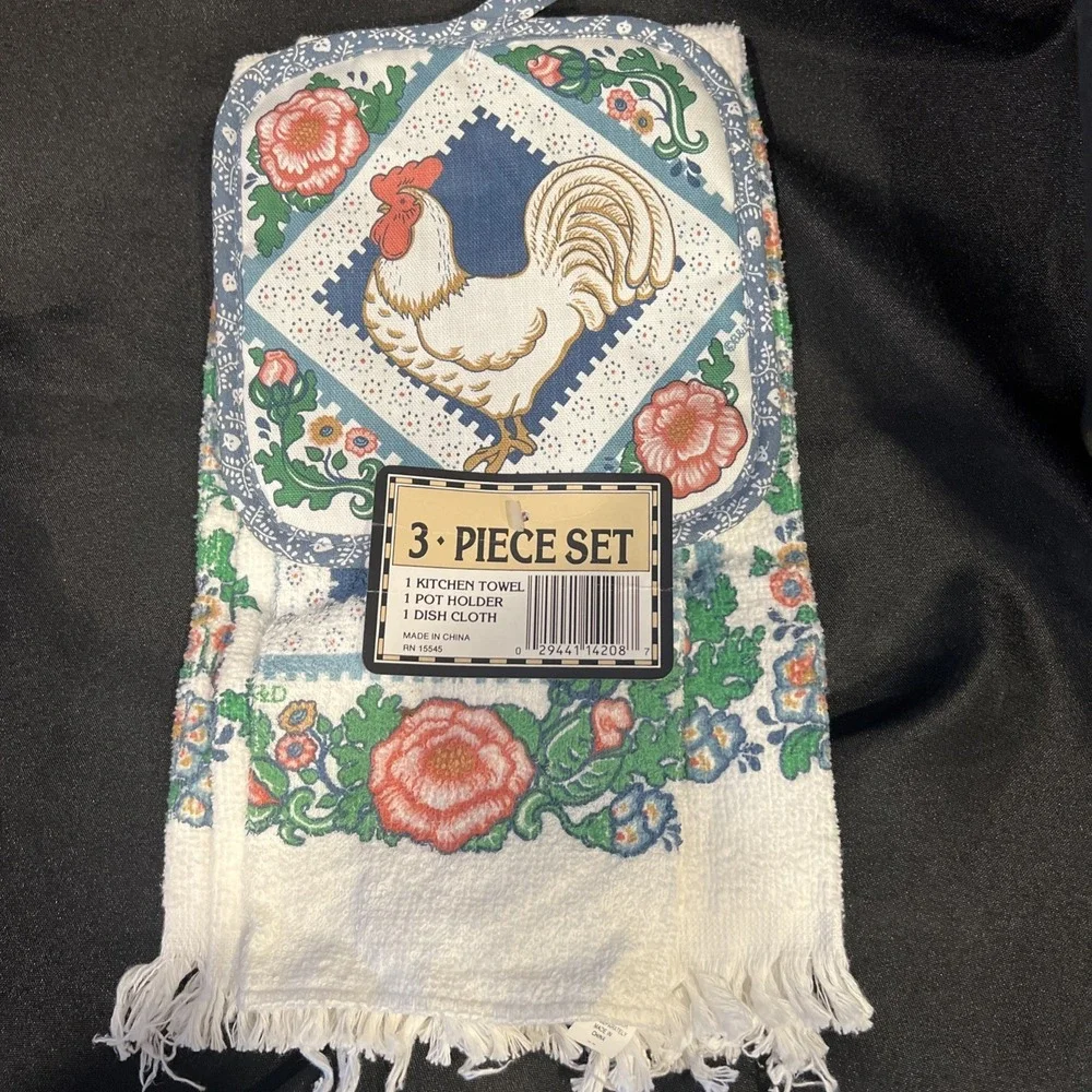 Vtg 3pc Rooster Chicken‎ Roses Pastels Kitchen Hand & Dish Towel -pot Holder NOS